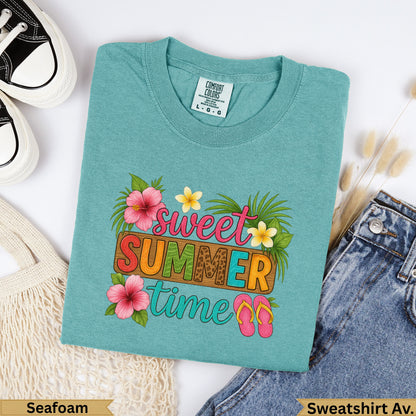 Teal crewneck sweatshirt with "sweet SUMMER time" text and floral accents.