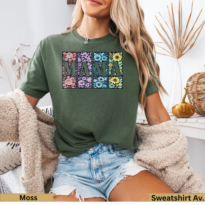 Green t-shirt with "MAMA" spelled in floral squares on chest.