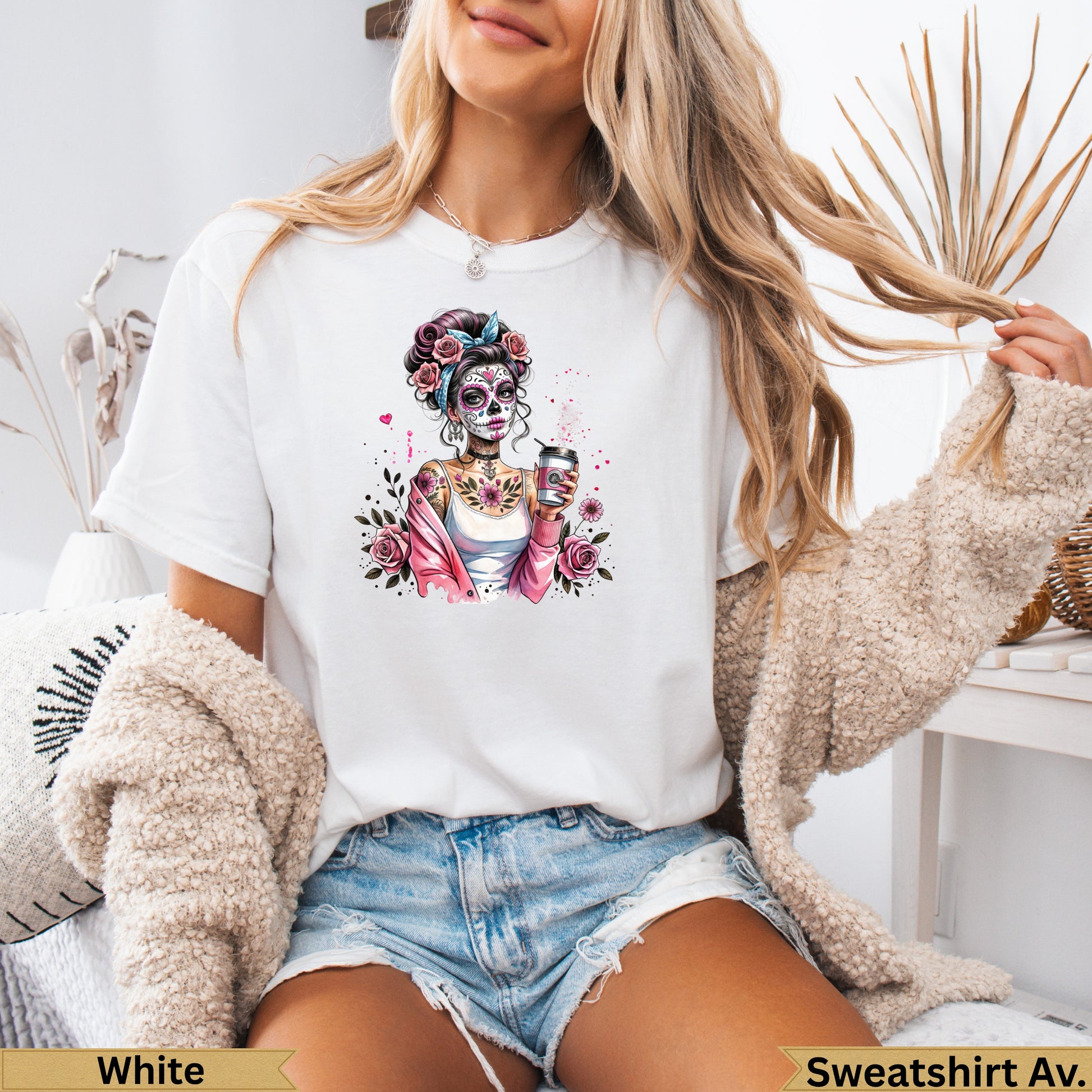 White t-shirt with a sugar skull woman drinking coffee, adorned with roses.