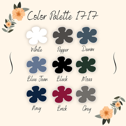 Color Palette 1717 with swatches: White, Pepper, Denim, Blue Jean, Black, Moss, Navy, Brick, Grey.