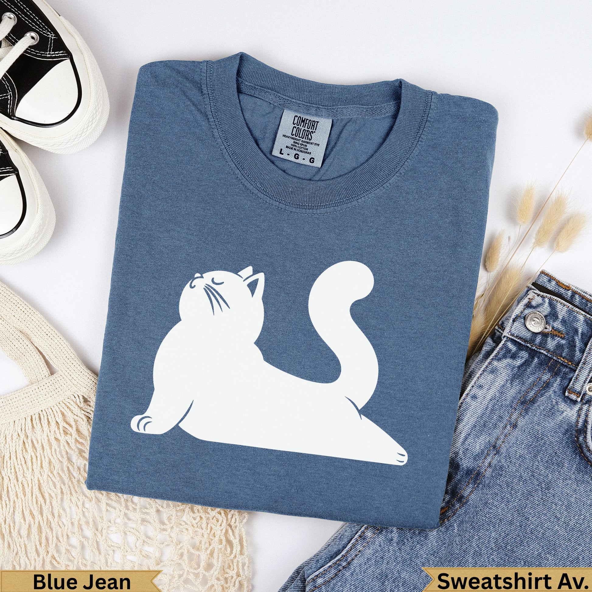 Blue Jean Comfort Colors sweatshirt with a white cat graphic.
