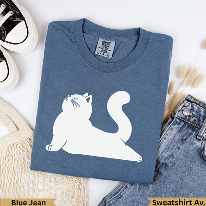 Blue Jean Comfort Colors sweatshirt with a white cat graphic.