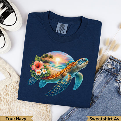 Navy sweatshirt with a sea turtle graphic and tropical beach sunset design.