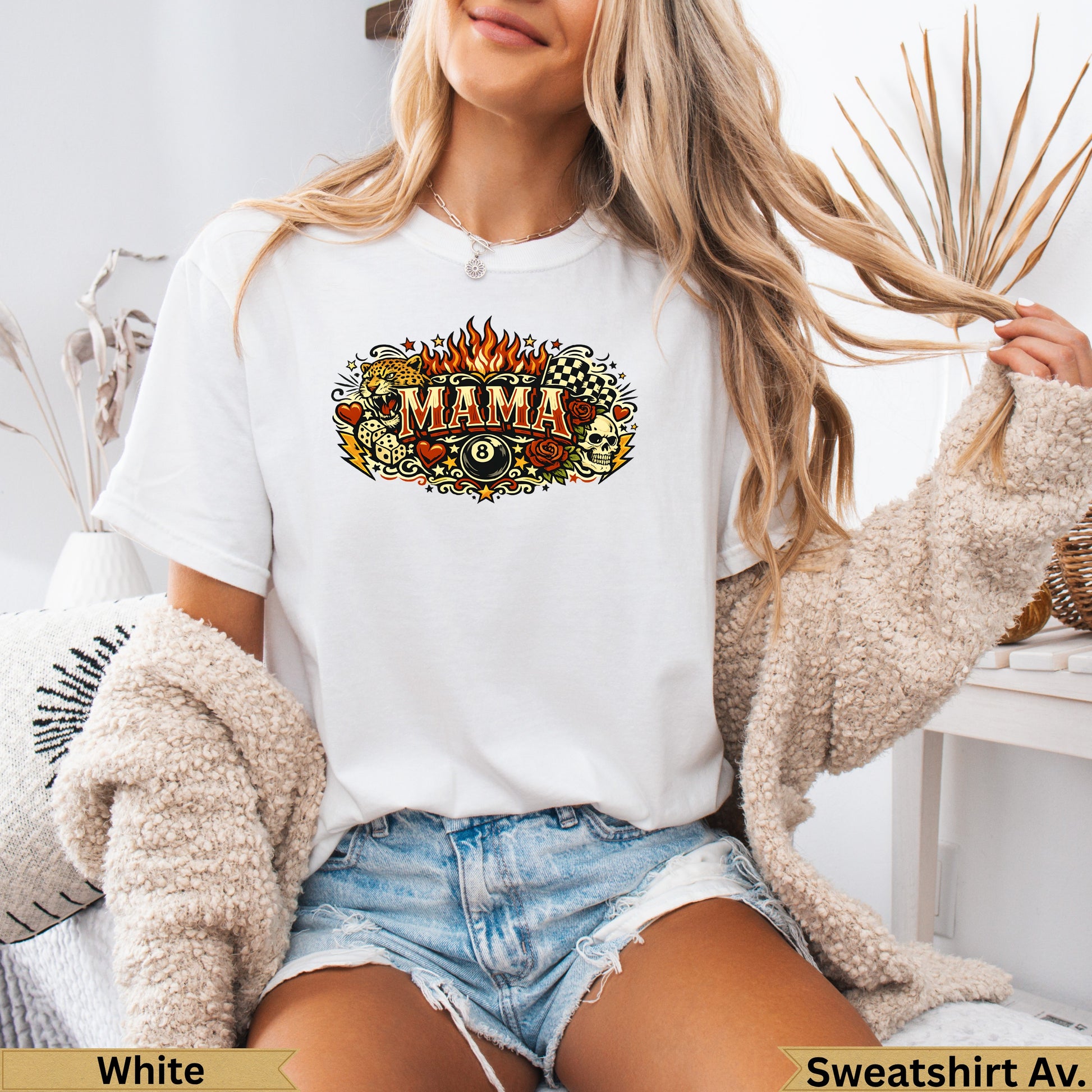 White t-shirt with "MAMA" and flaming billiard ball graphic.
