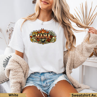White t-shirt with "MAMA" and flaming billiard ball graphic.