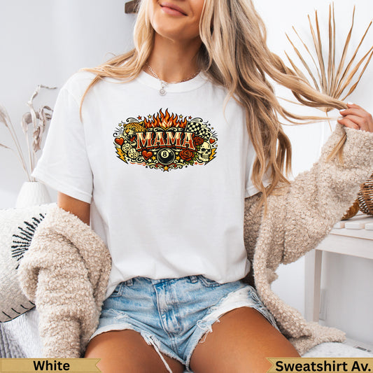 White t-shirt with "MAMA" and flaming billiard ball graphic.