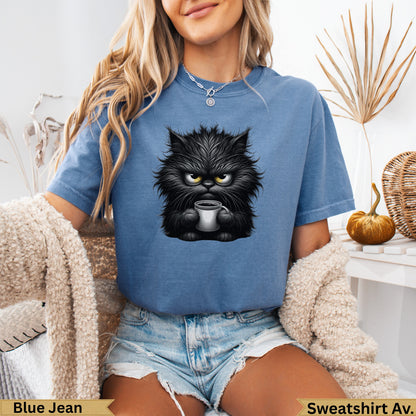 Blue Jean sweatshirt with grumpy black cat holding a coffee mug.