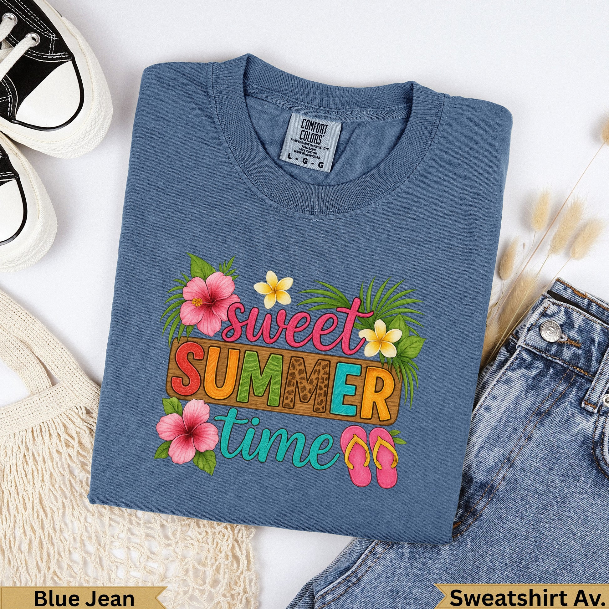Blue Jean sweatshirt with "Sweet Summer Time" graphic and tropical flowers.