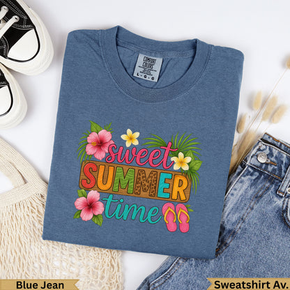 Blue Jean sweatshirt with "Sweet Summer Time" graphic and tropical flowers.