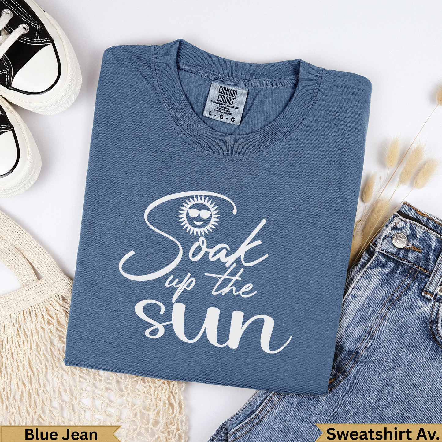 Blue Jean Comfort Colors "Soak up the sun" graphic sweatshirt.