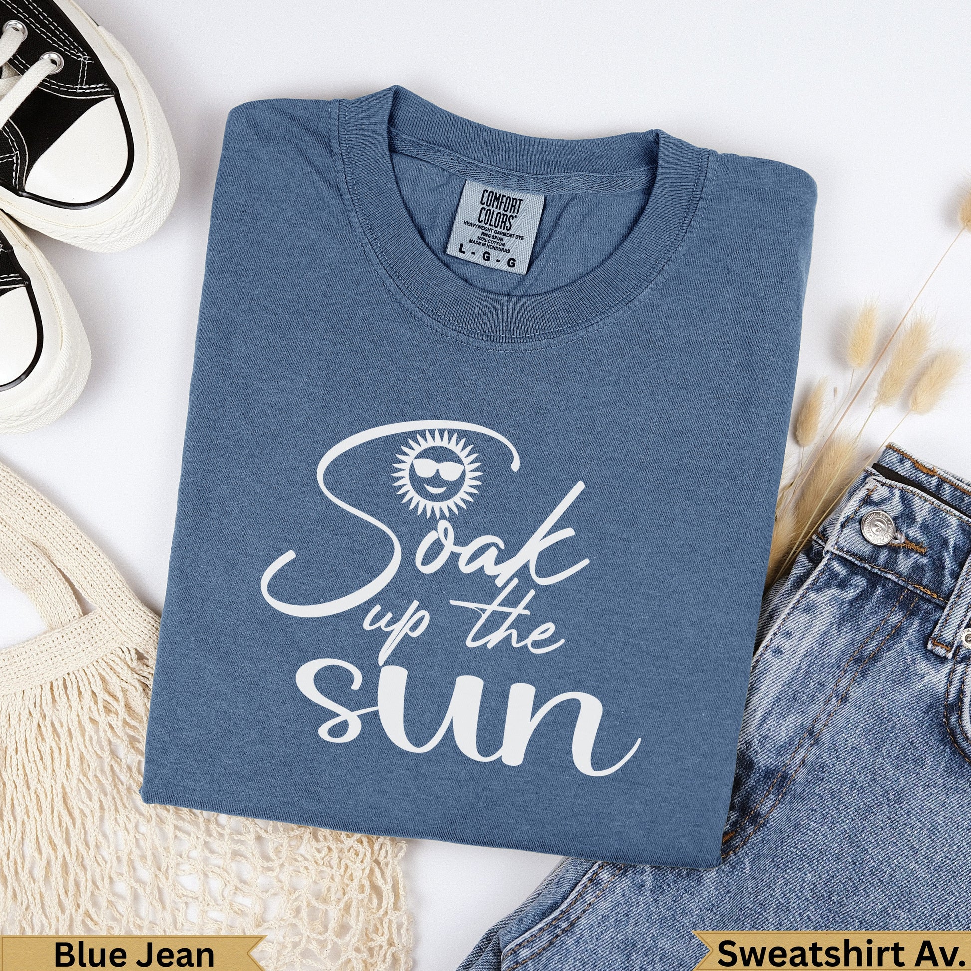 Blue Jean Comfort Colors "Soak up the sun" graphic sweatshirt.