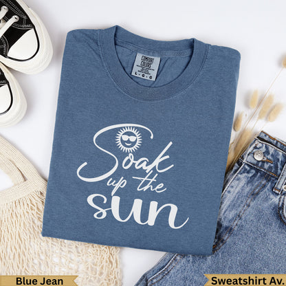 Blue Jean Comfort Colors "Soak up the sun" graphic sweatshirt.