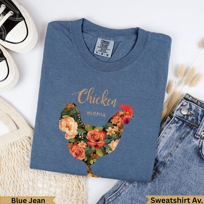 Blue sweatshirt with "Chicken mama" text and floral chicken graphic.