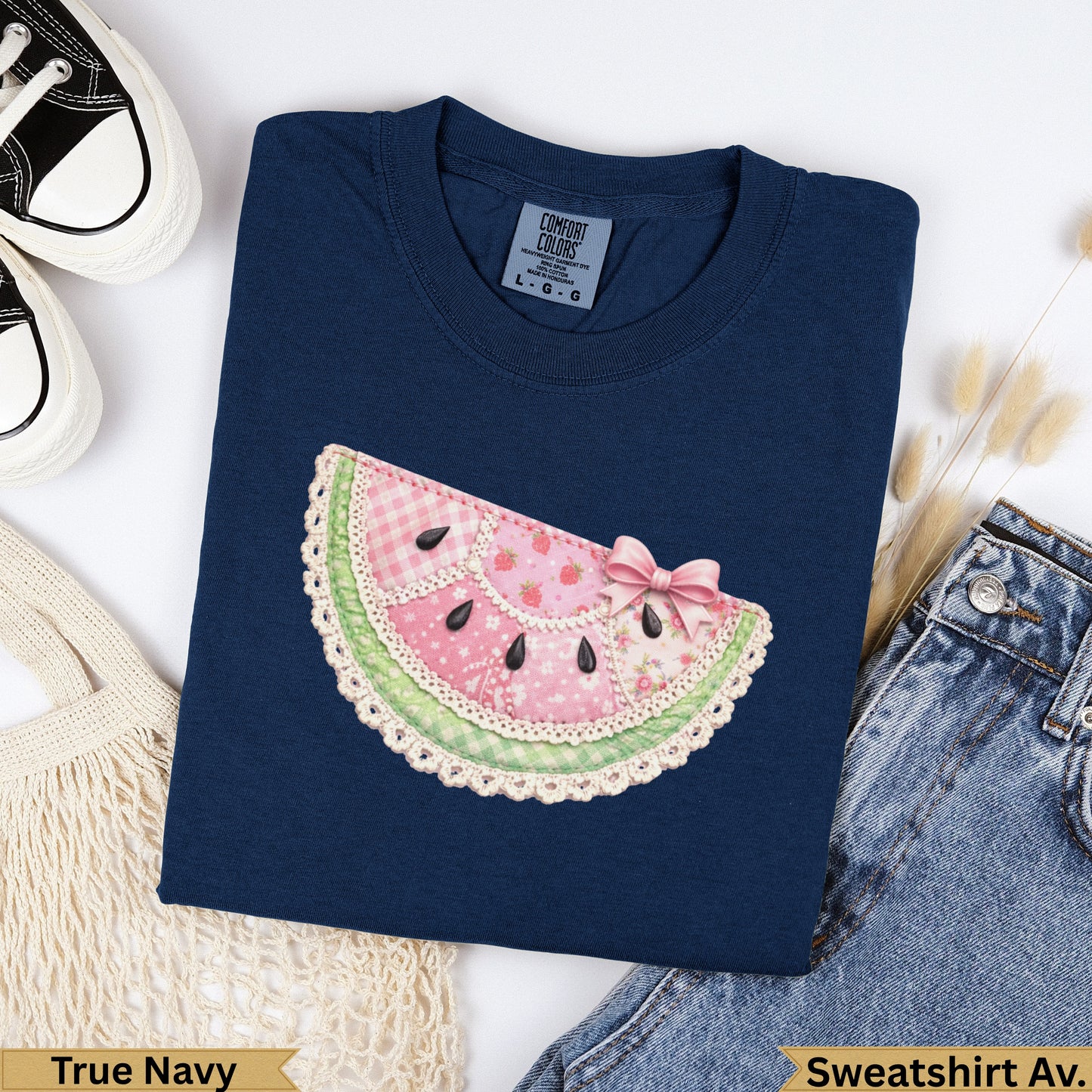 Navy sweatshirt with a colorful watermelon slice graphic and "True Navy" text.