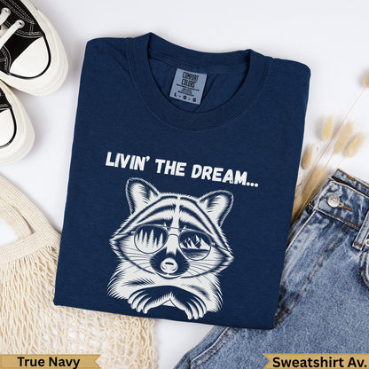 Navy t-shirt with raccoon wearing sunglasses, "Livin' the Dream..." text.