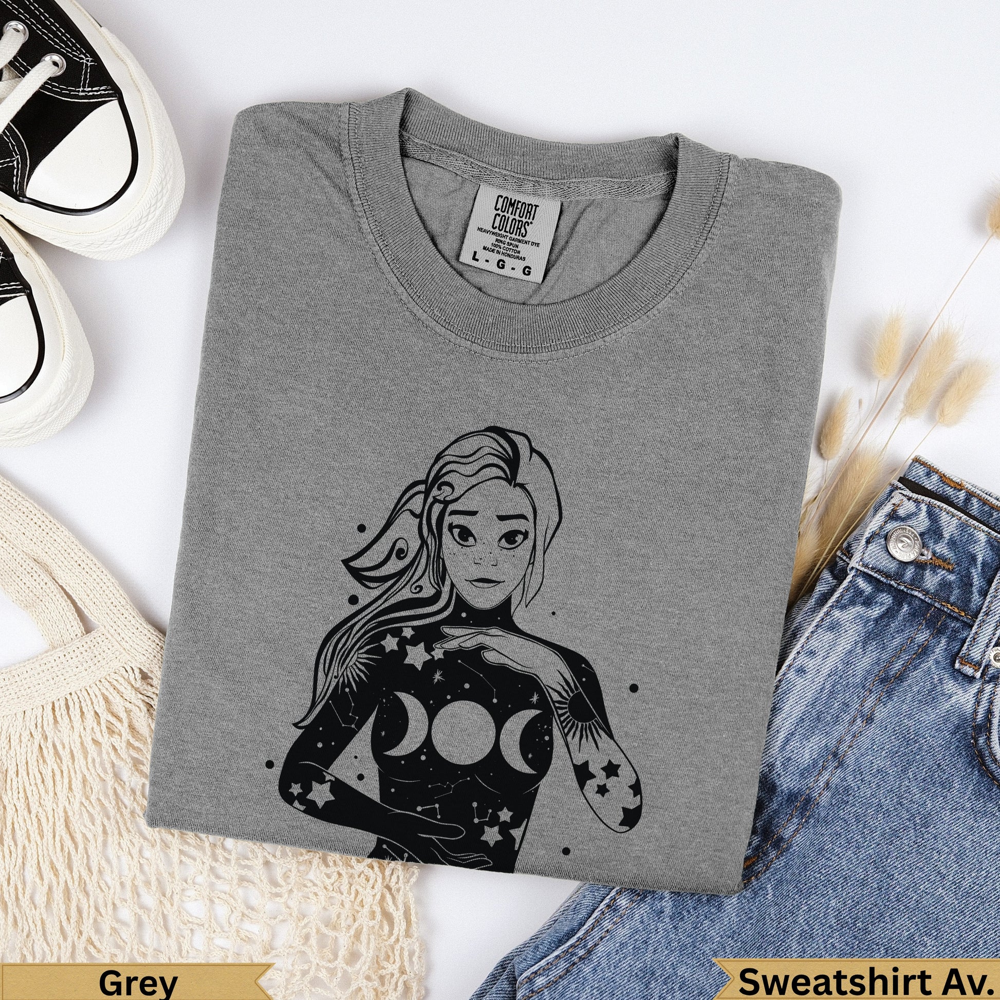 Grey Comfort Colors sweatshirt with celestial woman graphic, size L.