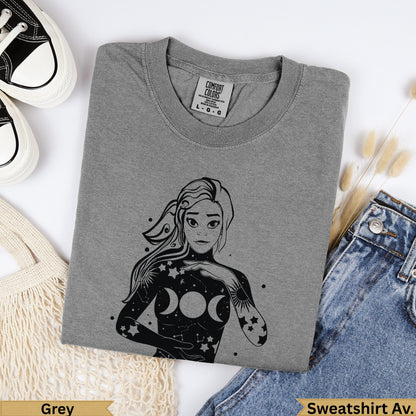 Grey Comfort Colors sweatshirt with celestial woman graphic, size L.
