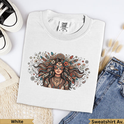 White t-shirt with woman's portrait graphic and floral headdress.