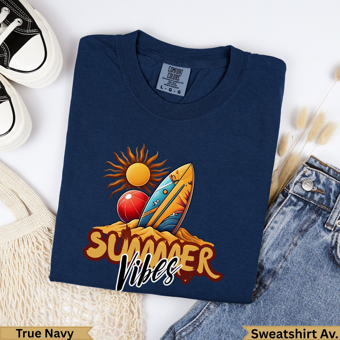 Navy t-shirt with "Summer Vibes" graphic featuring a surfboard and sun.