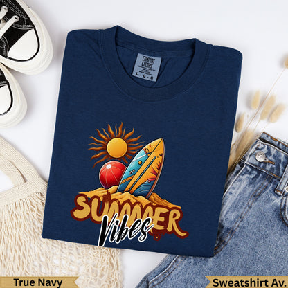 Navy t-shirt with "Summer Vibes" graphic featuring a surfboard and sun.