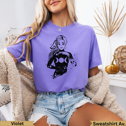 Purple t-shirt with celestial woman graphic, "Violet" and "Sweatshirt Av."
