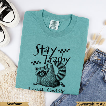 Teal sweatshirt with "Stay Trashy & a Lil' Classy" and raccoon graphic.