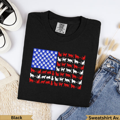 Black t-shirt with an American flag design made of cat silhouettes and paw prints.