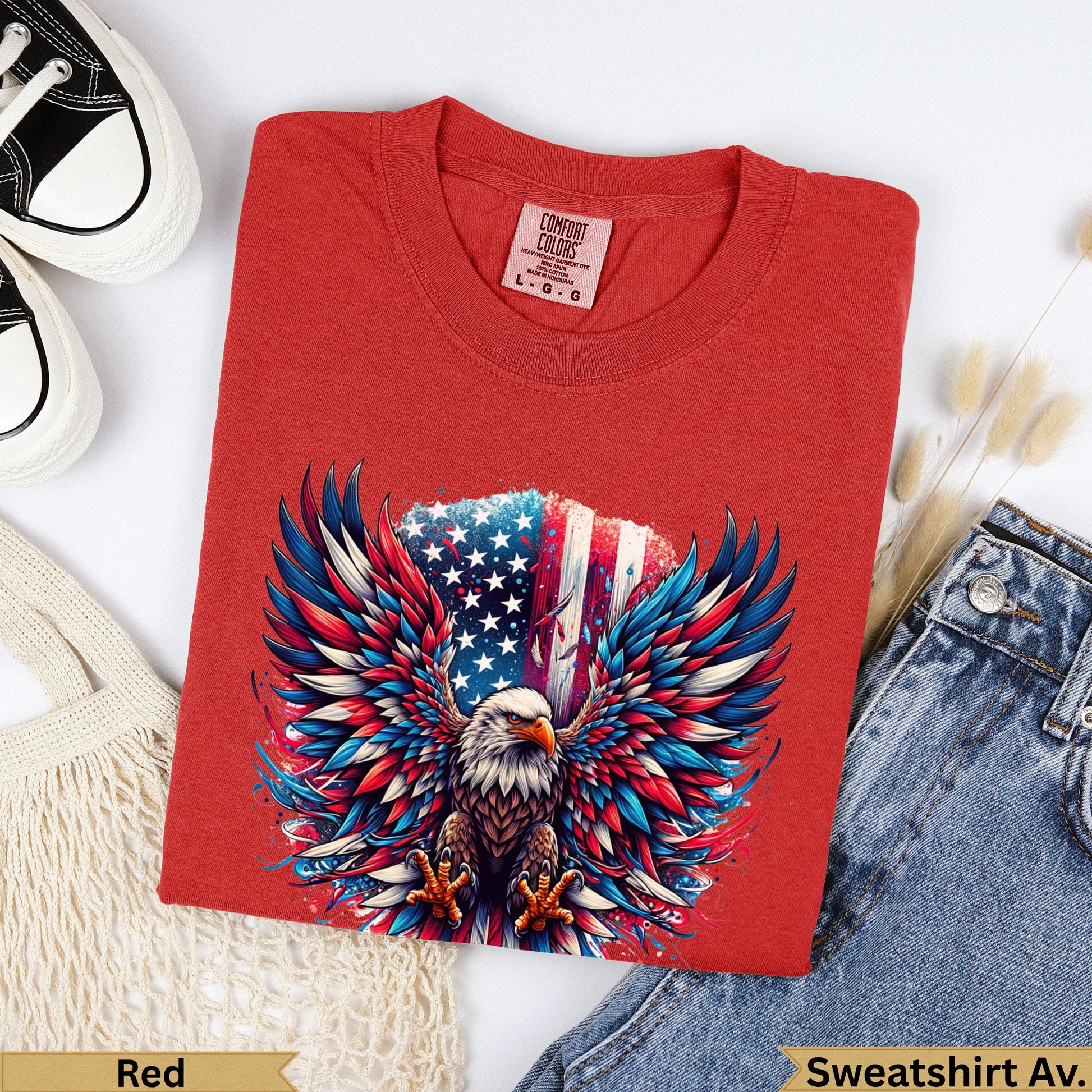 Red t-shirt featuring an eagle with wings spread against a US flag background.