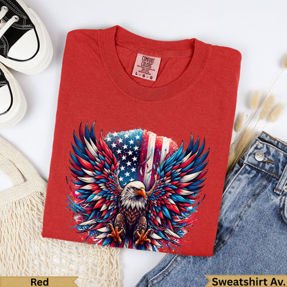 Red t-shirt featuring an eagle with wings spread against a US flag background.