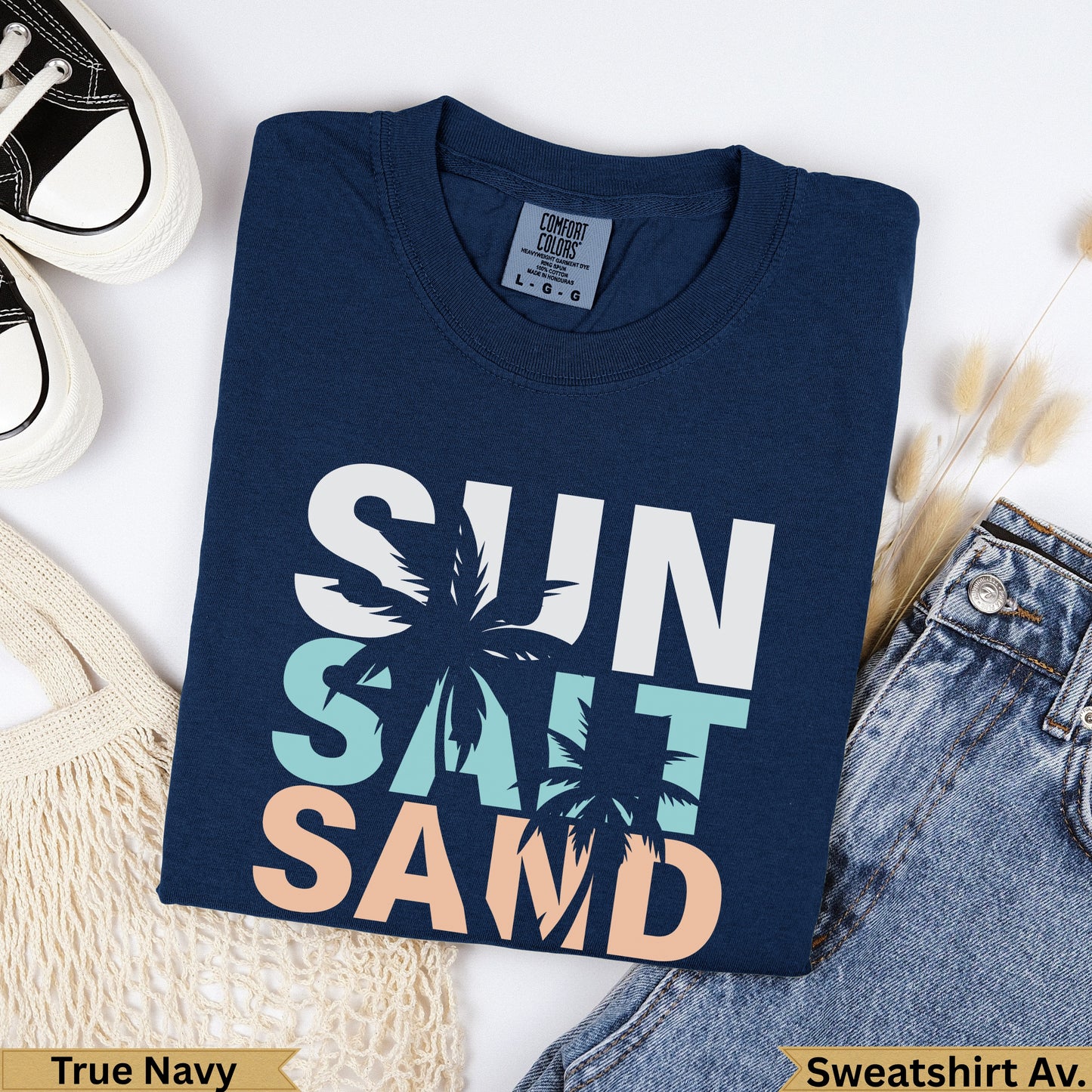 Navy sweatshirt with "SUN SALT SAND" graphic and palm trees.