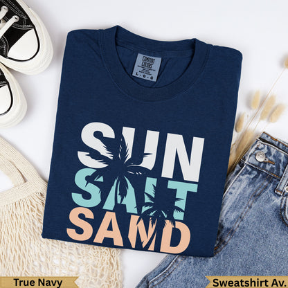 Navy sweatshirt with "SUN SALT SAND" graphic and palm trees.