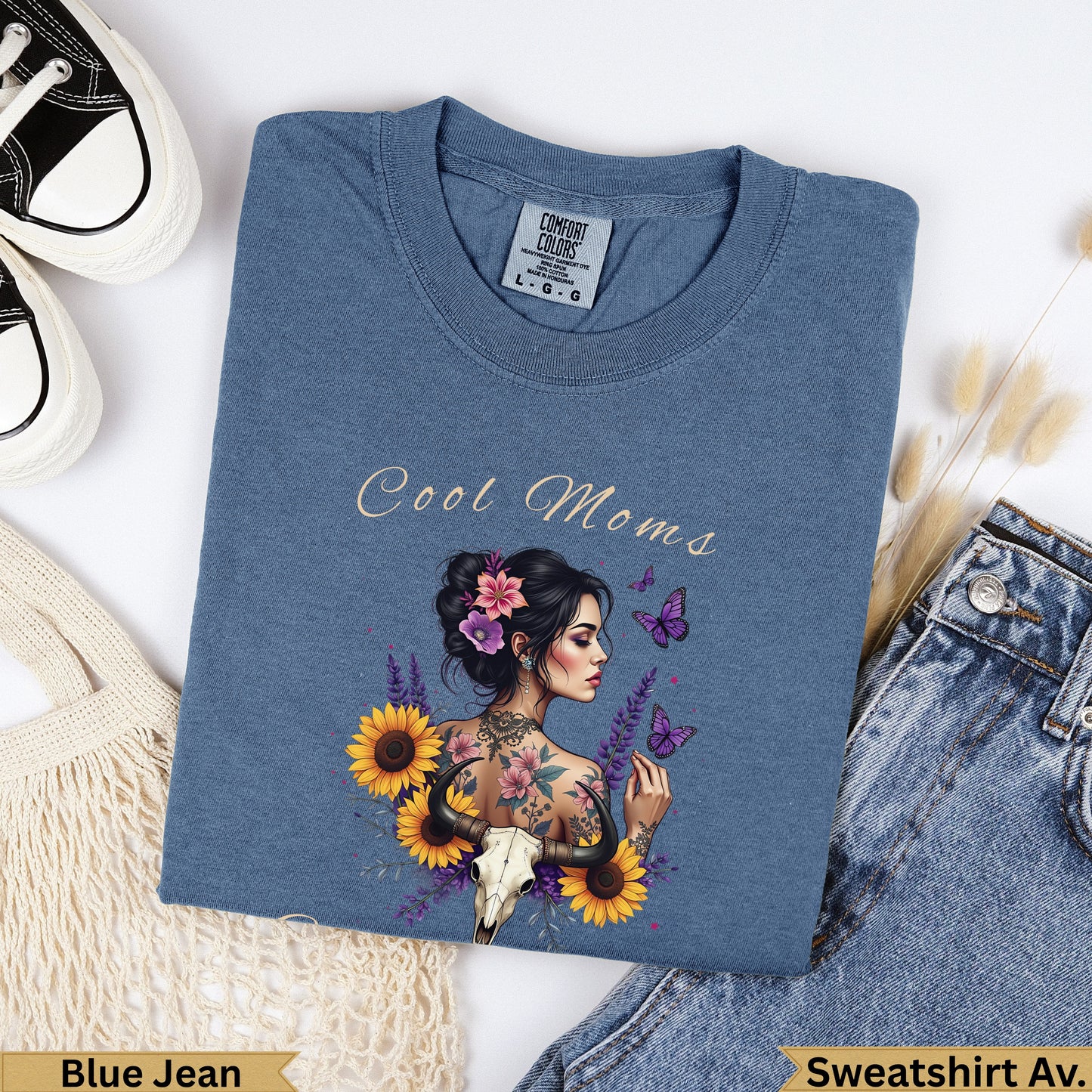 Blue Jean sweatshirt with "Cool Moms" text and floral skull graphic.
