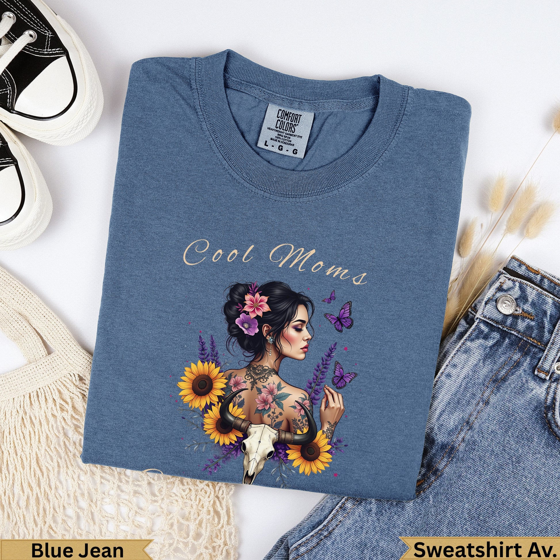 Blue Jean sweatshirt with "Cool Moms" text and floral skull graphic.