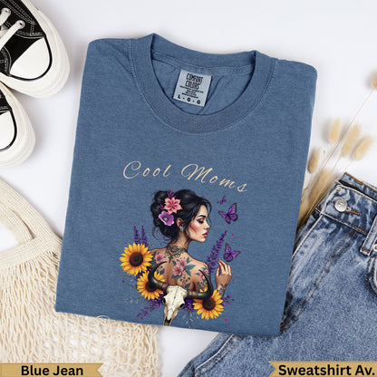 Blue Jean sweatshirt with "Cool Moms" text and floral skull graphic.