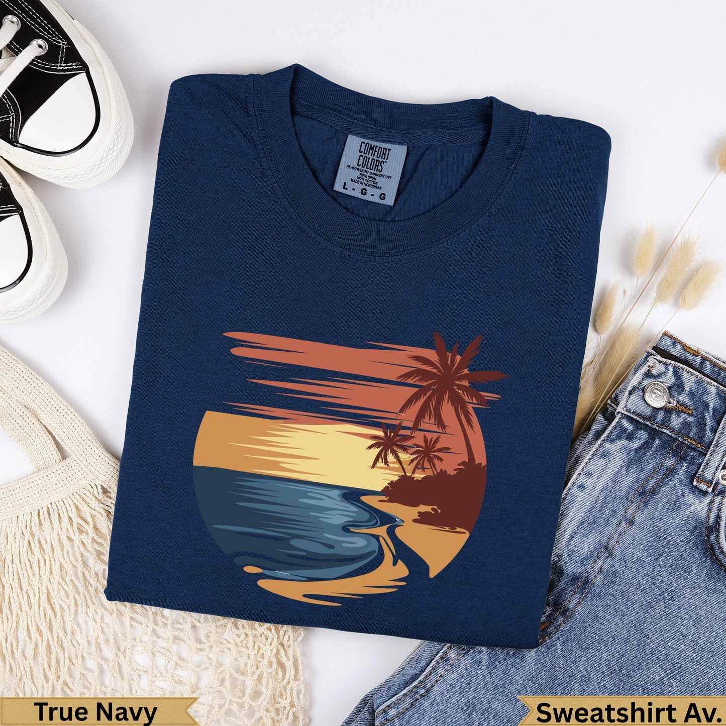 Navy sweatshirt with a sunset beach graphic and text "True Navy" and "Sweatshirt Av.".