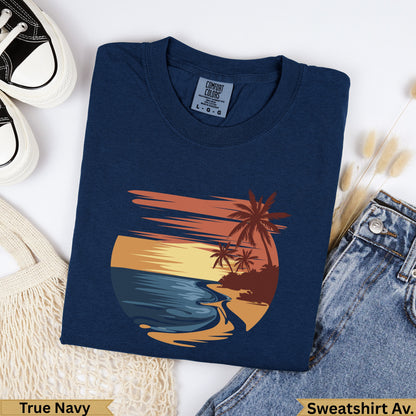 Navy sweatshirt with a sunset beach graphic and text "True Navy" and "Sweatshirt Av.".