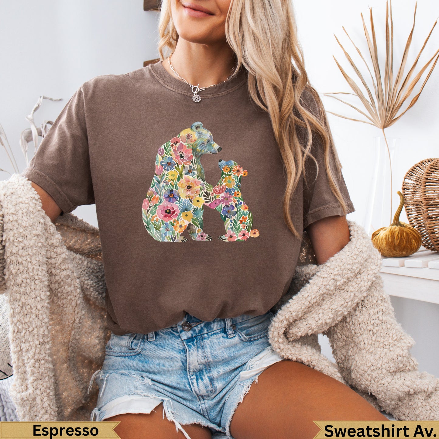 Brown t-shirt with floral bear and cub graphic, "Espresso" and "Sweatshirt Av." text.