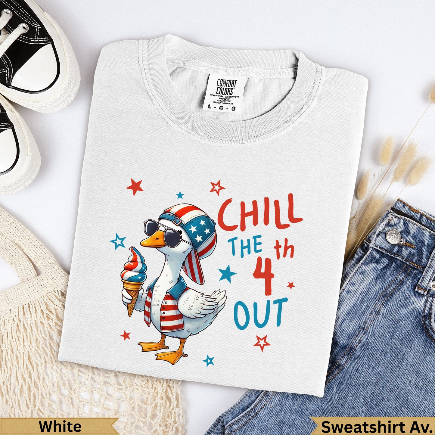 White t-shirt with patriotic duck wearing sunglasses, holding ice cream, and the text "CHILL THE 4 OUT".
