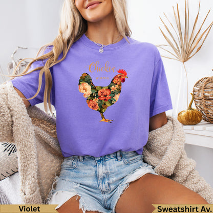 Purple t-shirt with floral chicken graphic and "Chicken Mama" text.