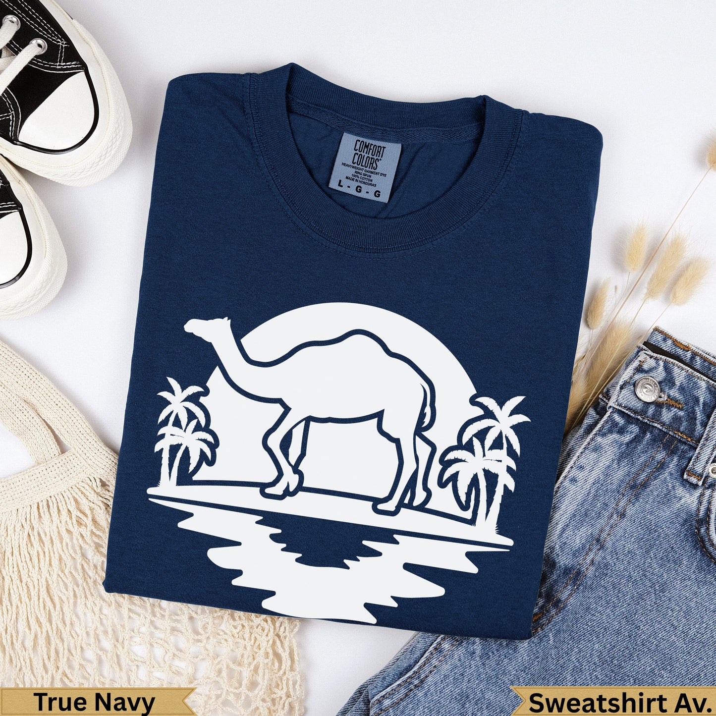 Navy blue sweatshirt with camel and palm tree graphic and "True Navy" text.