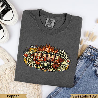 Dark gray t-shirt with "MAMA" graphic, skulls, roses, and checkered flag.