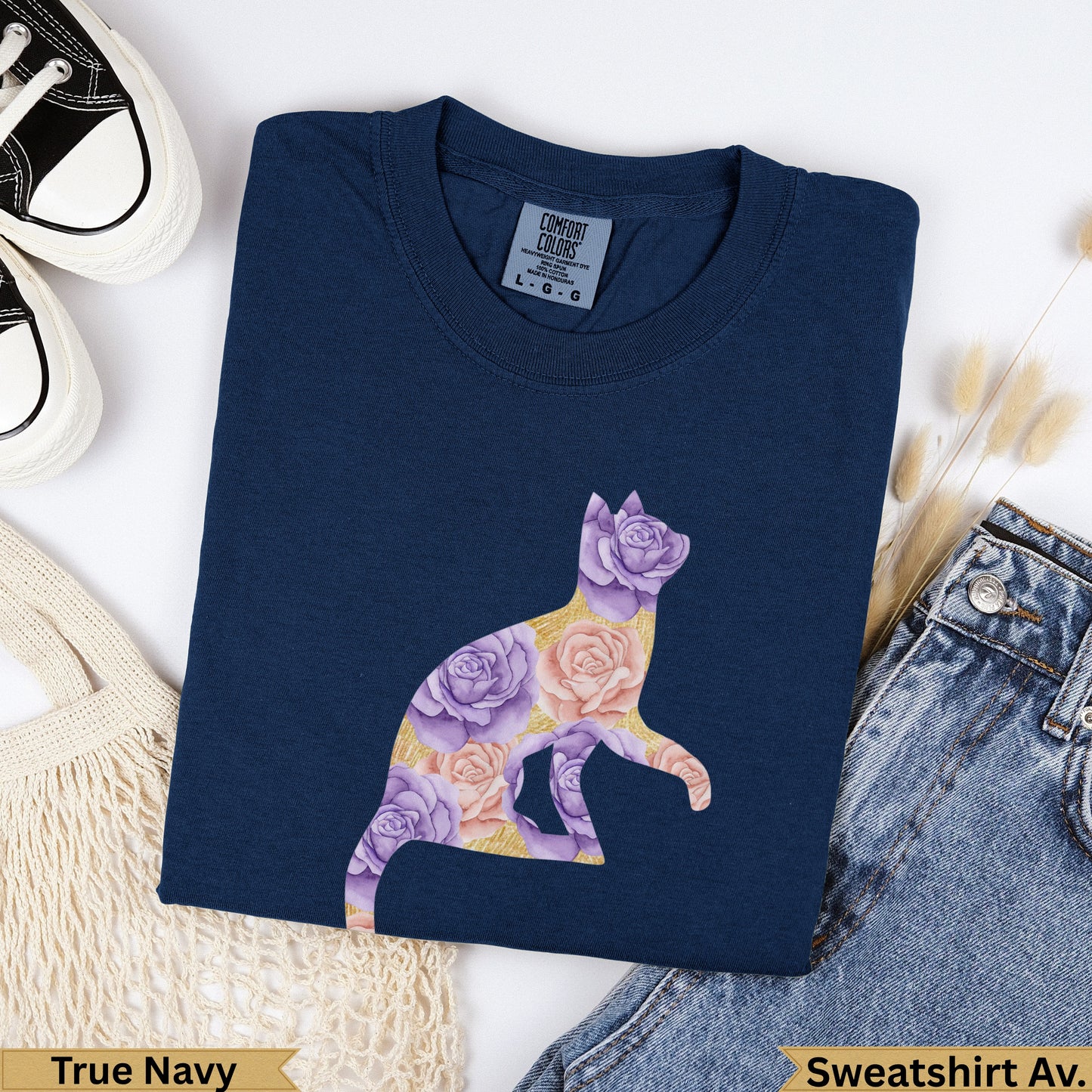 Navy crewneck sweatshirt with a floral cat silhouette design.