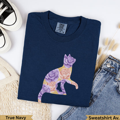 Navy crewneck sweatshirt with a floral cat silhouette design.