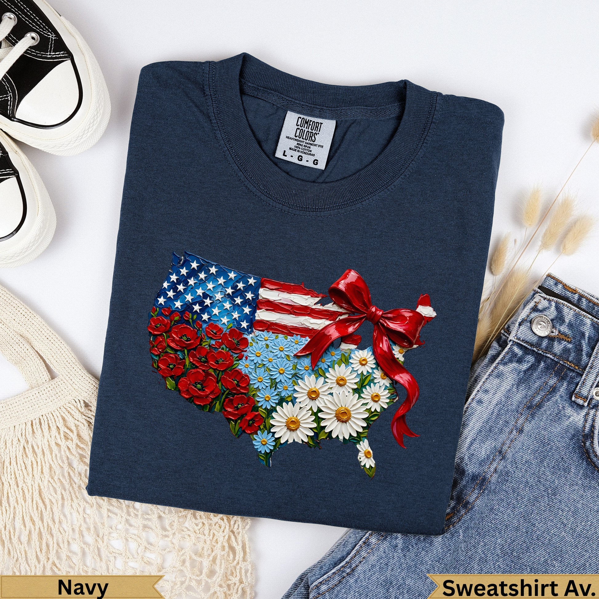 Navy Comfort Colors sweatshirt featuring a US flag map with floral and ribbon design.