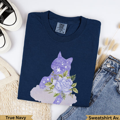 Navy blue sweatshirt with purple floral cat silhouette graphic and "True Navy" label.
