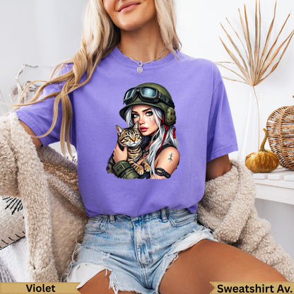 Purple t-shirt with tattooed woman in helmet holding cat, with "Violet" and "Sweatshirt Av." text.