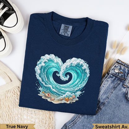 Navy blue sweatshirt with a heart-shaped wave design, shells, and starfish.