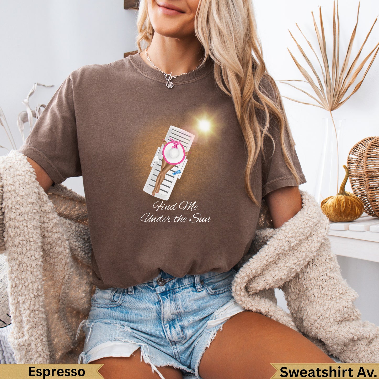Brown t-shirt with "Find Me Under the Sun" text and beach chair graphic.