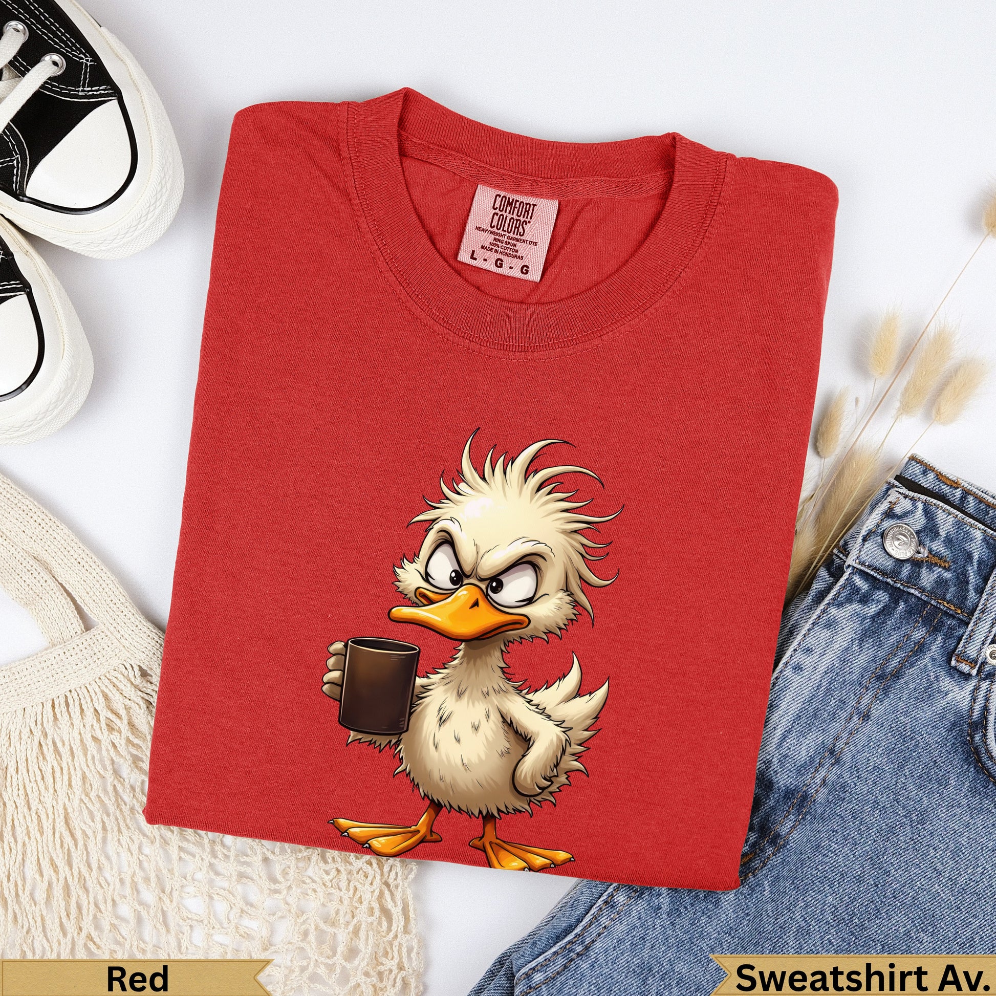 Red Comfort Colors crewneck t-shirt with cartoon duck holding coffee mug.