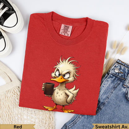 Red Comfort Colors crewneck t-shirt with cartoon duck holding coffee mug.